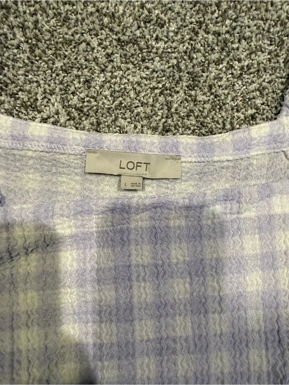 LOFT Lavender Gingham Puff-Sleeve Tie-Front Blouse